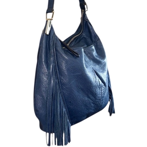 B Makowsky Blue Pebbled Leather Slouchy Shoulder Bag with Fringe Accent - Picture 3 of 8